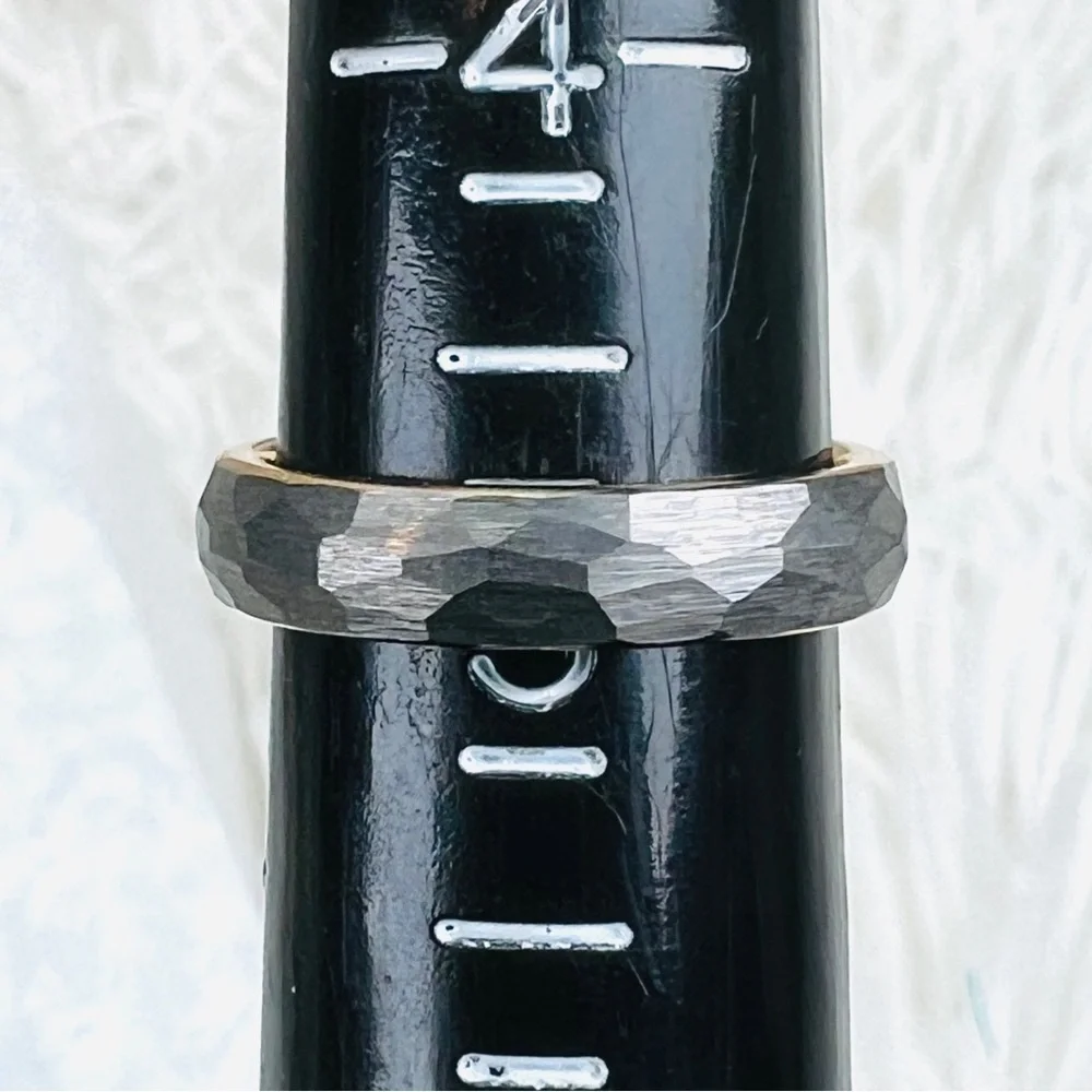 Beautiful Tungsten gray, goldtone inside size 5, band ring